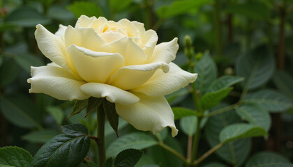 Fototapeta premium Cream-colored rose blooming in lush green garden