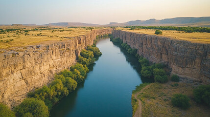 deep canyon with a serene blue river flowing gently between rugged rocky cliffs, showcasing the raw beauty of untouched nature and the power of water to carve landscapes over time