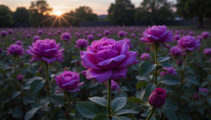 Vibrant purple roses in field at sunset