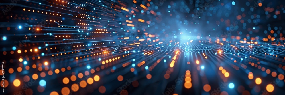 Poster futuristic digital tech background with glowing data lines and circuit board elements