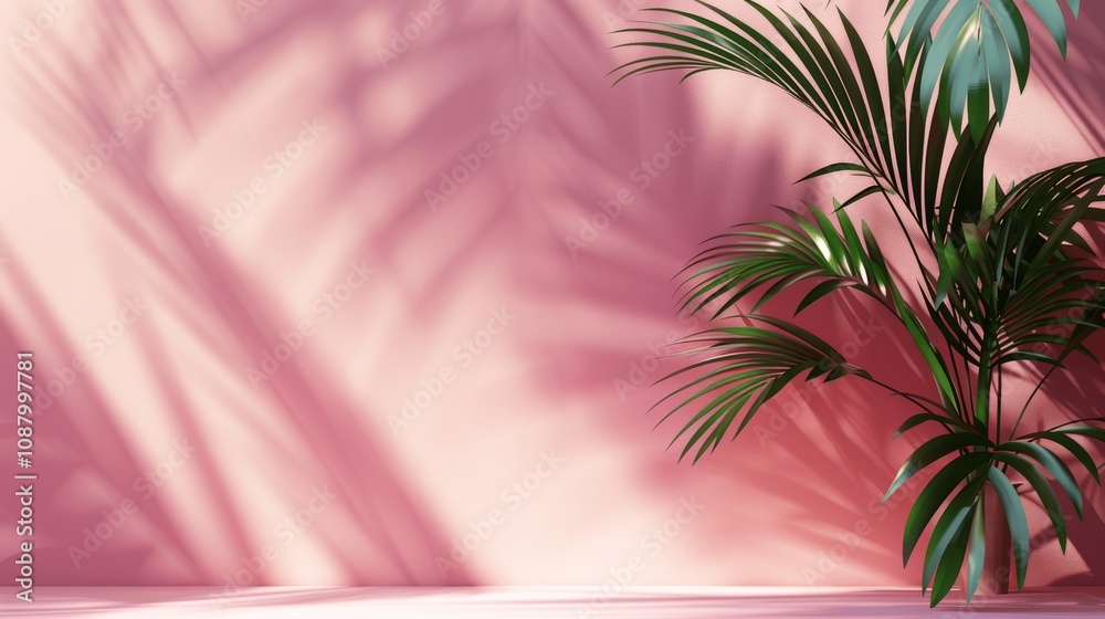 Poster abstract minimal background with palm leaf shadow on pastel pink wall for product presentation displ
