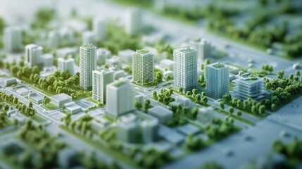 A miniature model of a city with green trees and buildings.