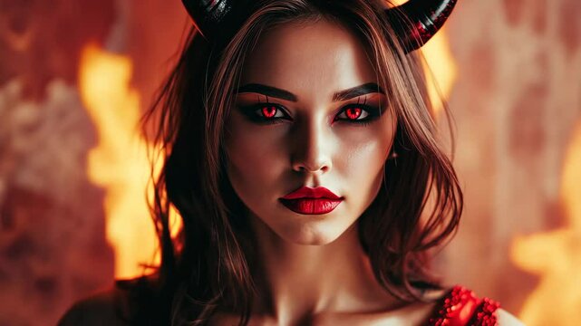 A woman with red hair and red lipstick is standing in front of a red wall. She has horns on her head and is dressed in a red dress. The image has a dark and mysterious mood