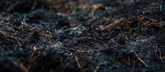 Close Up Dark Soil With Pine Debris And Dead Grass