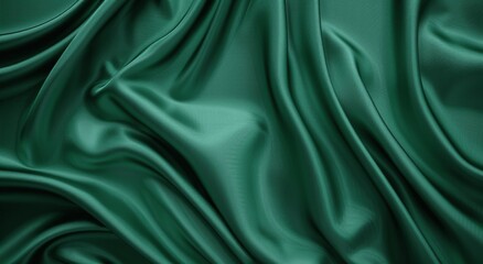 Obraz premium Dark emerald green silk satin. Shiny smooth fabric with soft folds. Luxury background for design. Flat lay, top view. Birthday, Christmas, Valentine, New Year. Elegant textile
