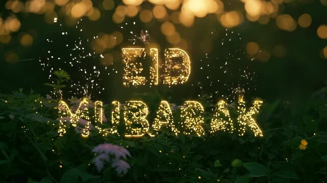 The word Eid is written in gold letters on a green background. The letters are made up of small, glowing dots