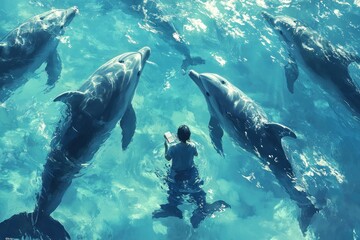 Fototapeta premium A lone person floats in the turquoise water with a pod of playful dolphins circling around them.