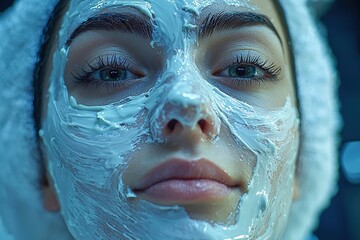 Close-up of a beautician spreading a creamy white facemask on a client's face for a rejuvenating spa experience