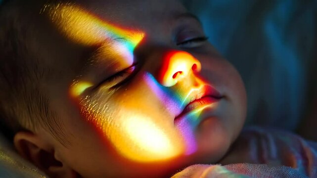 A baby is sleeping with its face in the sun. The light is creating a rainbow effect on the baby's face