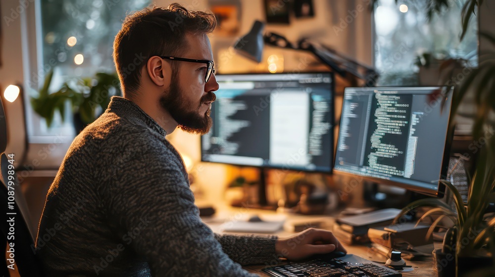 Poster a bearded man wearing glasses sits at a computer desk looking intently at his dual monitors. he is w