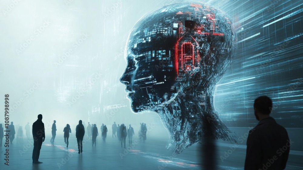 Aufkleber In a futuristic setting, a group of people observes an abstract AI system, reflecting on technology and its impact on society. Generative AI