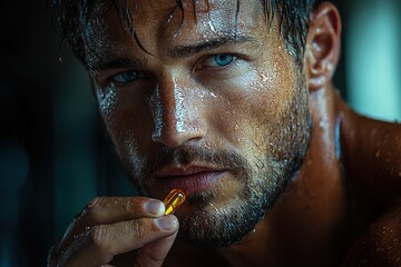 A man in athletic wear consuming a supplement capsule to enhance his physical performance