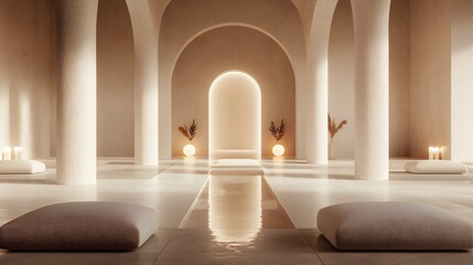 Naklejka premium High-end wellness spa room with plush seating, serene lighting, and minimalist decor; earthy textures and soft linens for a calming experience
