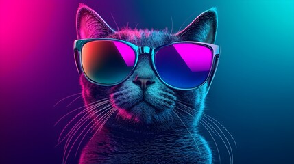 Cat in glasses, dynamic neon colors, abstract shapes, lively composition, geometric pop art style