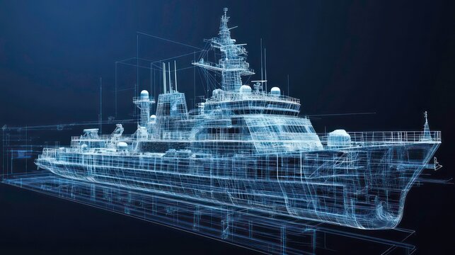 A wireframe model of a ship on a dark blue background.