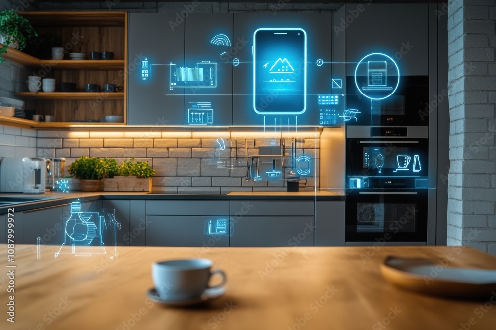 Poster this contemporary kitchen showcases smart appliances with interactive features, creating an advanced