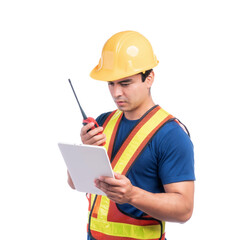 Portrait young architect man engineering with yellow helmet holding megaphone and tablet computer in hand , He standing arms crossed isolated on a transparent png background