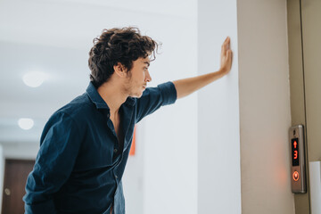 A young man stands by an elevator in a modern building, appearing thoughtful and contemplative. His casual attire and posture suggest a moment of pause.