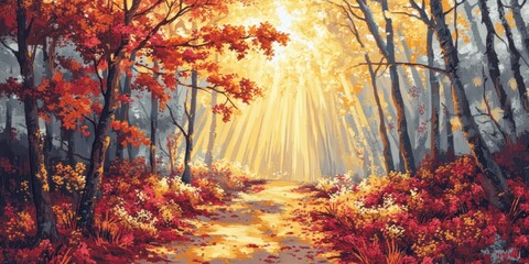 Obraz premium A sunlit path through an autumn forest with golden leaves.