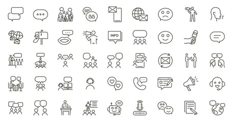 Communication, speaking and talking vector editable thin line icon set. People interacting, speech bubbles, social interactions, collaboration and multiple communicating methods