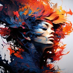 Fototapeta premium Captivating illustration featuring womans face adorned with swirling colors, delicate petals. Striking contrast and expressive features make this artwork ideal for fashion, beauty, creative themes.