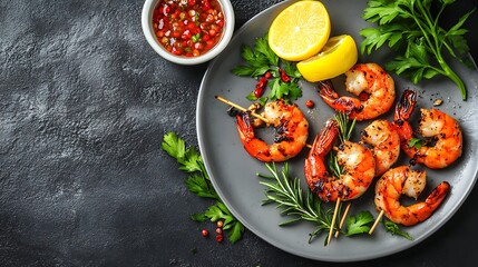 Grilled shrimp skewers served with lemon, herbs, and a spicy dipping sauce.