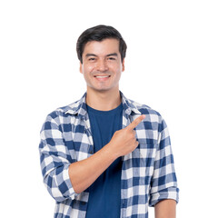 Portrait Asian man ware blue shirt with happiness pointing finger to empty copy space , blank space for advertising or product isolated on a transparent png background - business concept