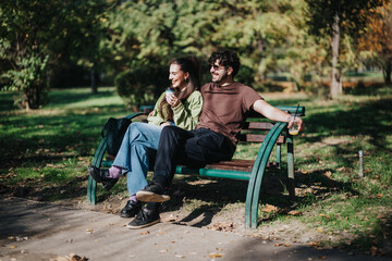 A cheerful young couple relaxing on a park bench, enjoying coffee and each other's company on a sunny day. The lush greenery in the background enhances the serene, joyful atmosphere.