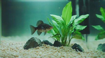 A single black and orange fish swims past a green plant in a freshwater aquarium with gravel and rocks.