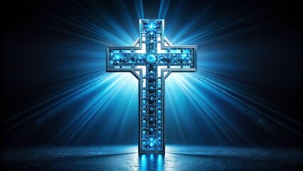 Naklejka premium Intricately detailed blue crystal cross illuminated in a grand, darkened setting, crystal, cross, intricate, blue