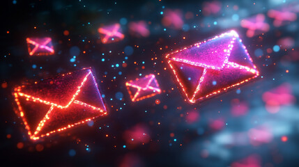 Multiple glowing email icons floating in a digital network symbolize fast communication and connection emphasizing efficient information sharing in a modern interconnected digital world