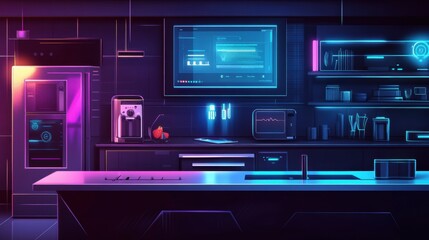 A stylish kitchen equipped with smart appliances showcases vibrant lighting, creating an inviting atmosphere for cooking and socializing. Generative AI