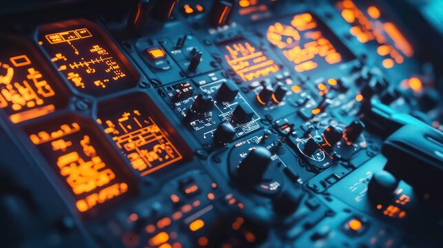 Detailed image of a complex aircraft cockpit control panel filled with illuminated displays buttons switches and other advanced electronic instruments used for flight navigation monitoring