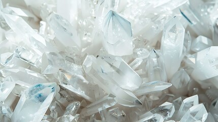 A close-up view of sparkling clear quartz crystals, showcasing their intricate shapes and natural beauty.