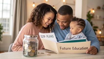 New Parent Parents holding a baby while reading a book about 529 plans with a savings jar labeled Future Education on a table.