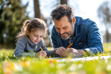 Fototapeta premium Family Happiness Tips. A father and daughter enjoy a sunny day outdoors, drawing on paper while lying on the grass, sharing a moment of creativity and joy.