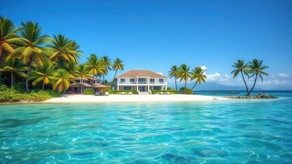 Obraz premium A beautiful beachfront property on a tropical island surrounded by crystal clear waters and palm trees, island, seaside