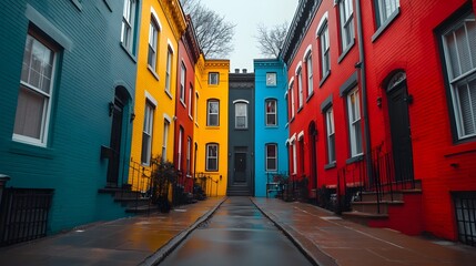 Fototapeta premium A street of monochrome buildings with one brilliantly painted house standing out, symbolizing artistic expression and individuality. urban landscape, vibrant house, creative contrast