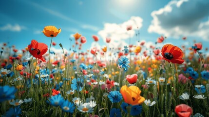 Naklejka premium Vibrant Summer Wildflower Meadow Under Blue Sky