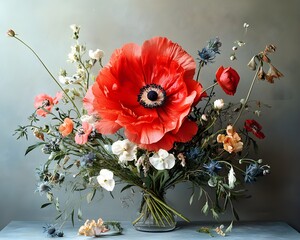 A striking floral arrangement with one massive, bright red flower surrounded by muted blooms, conveying attention to individuality and confidence