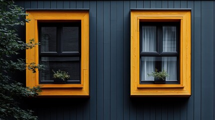  Two windows with yellow frames on a dark gray wall.