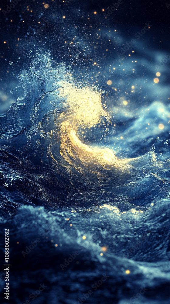 Wall mural mesmerizing view of ocean waves gently rolling under a starry night sky, with a dreamy blurred backg