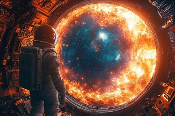 Astronaut in space suit standing near a massive light source, the illuminator shining brightly against the cosmos