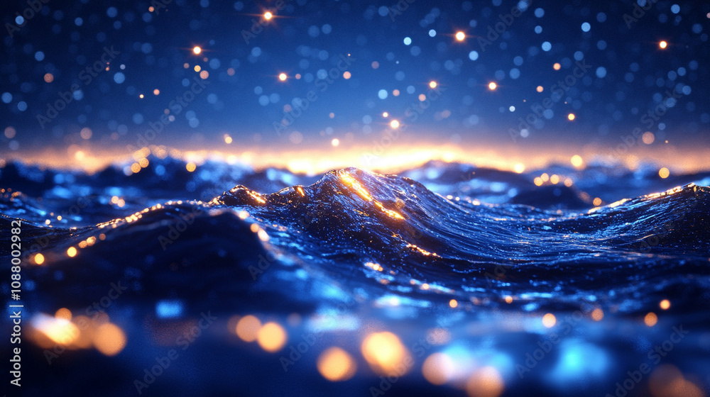 Canvas Prints mesmerizing view of ocean waves gently rolling under a starry night sky, with a dreamy blurred backg