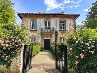 Façade d'une maison ancienne en pierre meulière, typique de l'île-de-France et la banlieue de Paris : rénovation et décoration d'un pavillon historique avec jardin, fer forgé