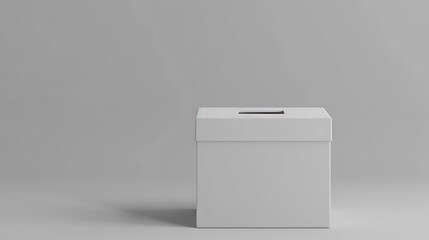 A plain white ballot box set against a minimalist gray background, symbolizing voting and democratic processes.