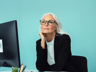 Portrait d'une femme âgée à lunettes de 50 à 60 ans habillée en tailleur chemise comme une working girl au bureau devant un ordinateur portable, sur fond de couleur bleue
