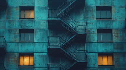 Urban building with a staircase and illuminated windows. - Powered by Adobe