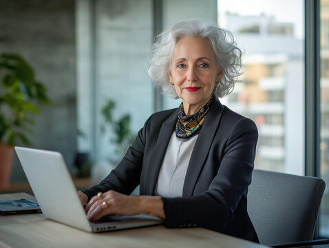 Femme élégante de 60 ans en tenue professionnelle tenant un smartphone sur fond blanc, personnage pour publicité, senior actif au travail, démo d'application ou de logiciel, tech et IT B2B