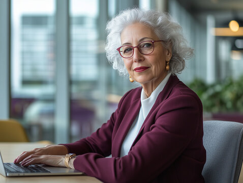 Femme élégante de 60 ans en tenue professionnelle tenant un smartphone sur fond blanc, personnage pour publicité, senior actif au travail, démo d'application ou de logiciel, tech et IT B2B